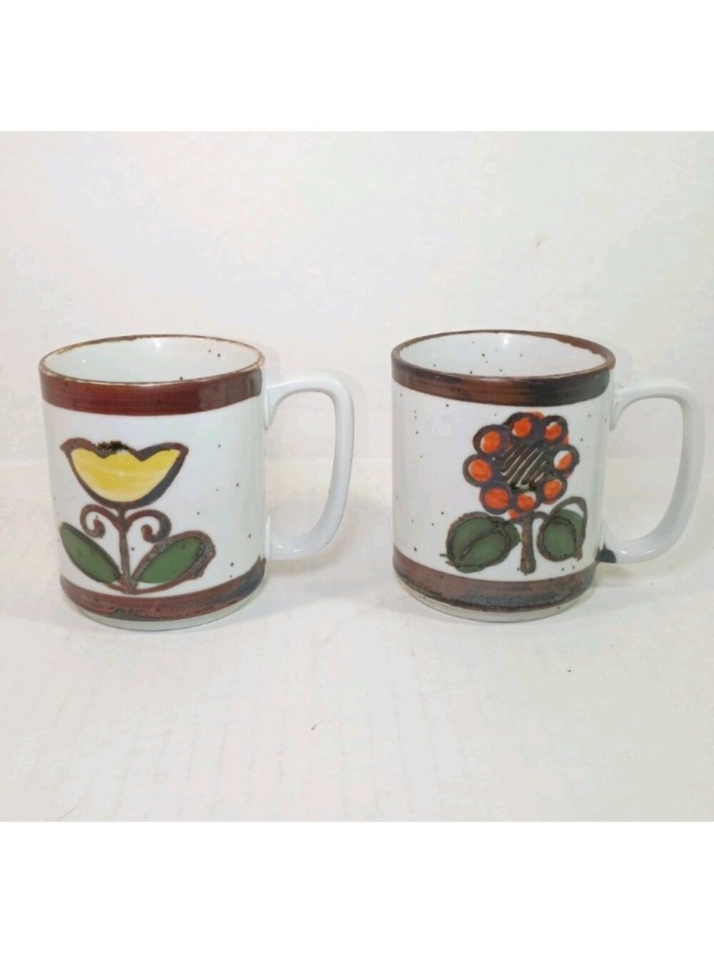 Vintage Hand Painted Otagiri Flowers Speckled Stoneware Coffee Mug Cup Set Of 2